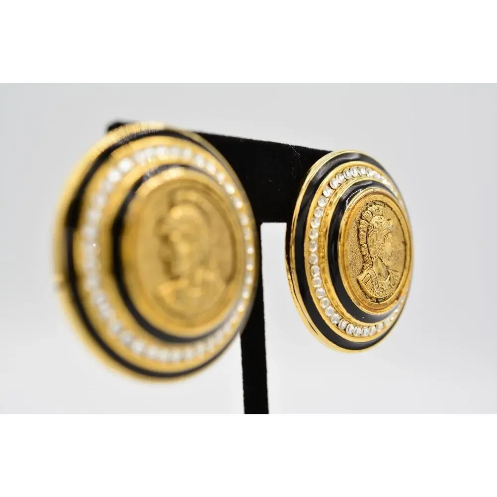 Craft Vintage Spartan Coin Clip On Earrings Roman Gold Crystal Signed 80s BinAS